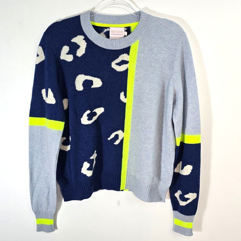 Brodie Cashmere Wild Casi Sweater Large NWT Leopard Colorblock Blue Cream Green